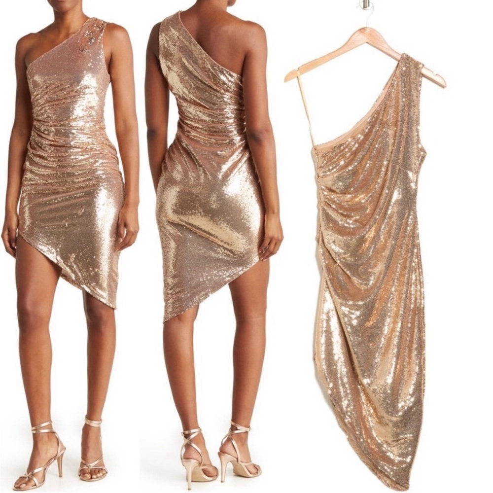 Torn by Ronny Kobo One-Shoulder Kiera Gold Sequin Dress NWT